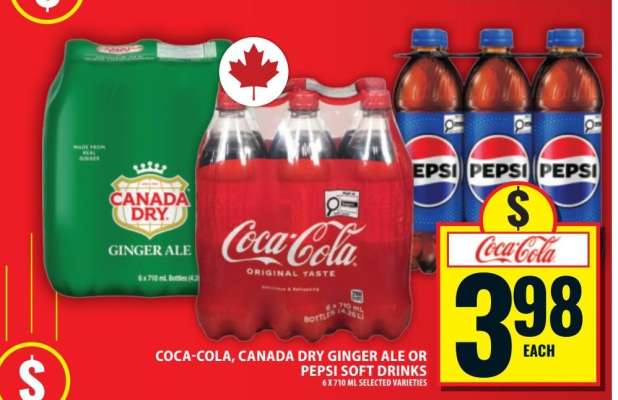 Coca-Cola, Canada Dry Ginger Ale or Pepsi Soft Drinks
