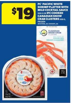 PC Pacific White Shrimp Platter with Mild Cocktail Sauce or IFC Cooked Canadian Snow Crab Clusters