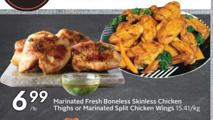 Marinated Fresh Boneless Skinless Chicken Thighs or Marinated Split Chicken Wings
