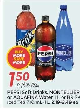 PEPSI Soft Drinks, MONTELLIER or AQUAFINA Water 1 L or BRISK Iced Tea 710 mL-1 L