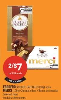 FERRERO ROCHER, RAFFAELLO (90g) or/ou MERCI (100g) Chocolate Bars