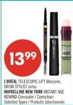 L'ORÉAL TELESCOPIC LIFT Mascara, BROW STYLIST or/ou MAYBELLINE NEW YORK INSTANT AGE REWIND Concealer