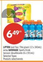 LIPTON Iced Tea / Thé glacé (12 x 340ml) or/ou GATORADE Sports Drink