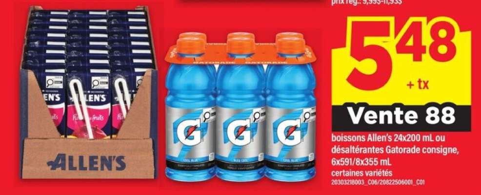 boissons Allen's 2x200 mL ou désaltérantes Gatorade consigne, 6x591/8x355 mL