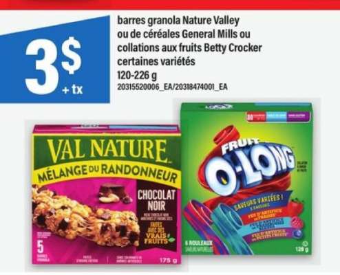 Barres granola Nature Valley ou de céréales General Mills ou collations aux fruits Betty Crocker