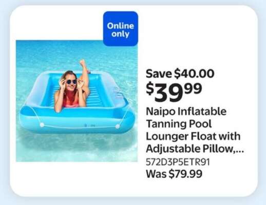 Naipo Inflatable Tanning Pool Lounger Float with Adjustable Pillow