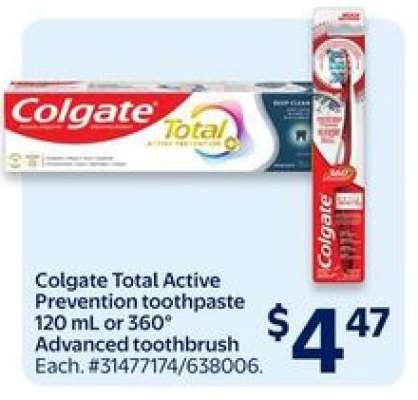 Colgate Total Active Prevention toothpaste or 360° Advanced toothbrush