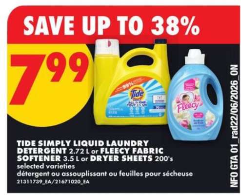 Tide Simply Liquid Laundry Detergent or Fleecy Fabric Softener or Dryer Sheets