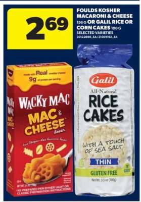Foulds Kosher Macaroni & Cheese or Galil Rice or Corn Cakes