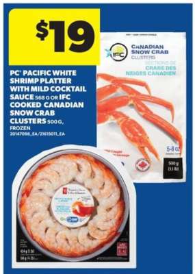 PC Pacific White Shrimp Platter with Mild Cocktail Sauce or IFC Cooked Canadian Snow Crab Clusters