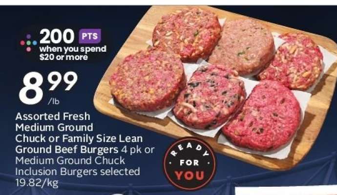 Assorted Fresh Medium Ground Chuck or Family Size Lean Ground Beef Burgers