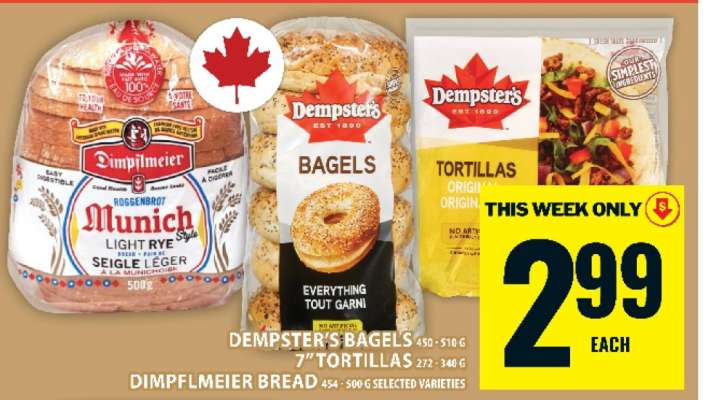 Dempster's Bagels, 7" Tortillas, Dimpflmeier Bread