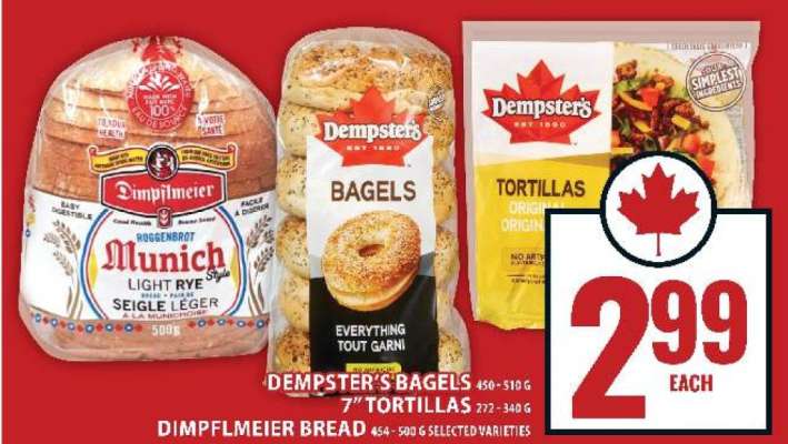 Dempster's Bagels, 7" Tortillas, Dimpflmeier Bread