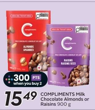 COMPLIMENTS Milk Chocolate Almonds or Raisins 900 g