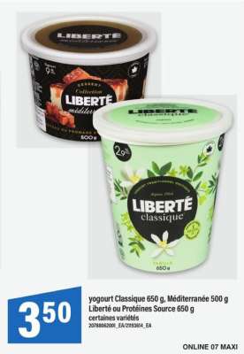 Yogourt Classique 650 g, Méditerranée 500 g Liberté ou Protéines Source 650 g