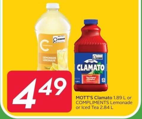 MOTT'S Clamato 1.89 L or COMPLIMENTS Lemonade or Iced Tea 2.84 L