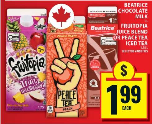 Beatrice Chocolate Milk, Fruitopia Juice Blend, or Peace Tea Iced Tea