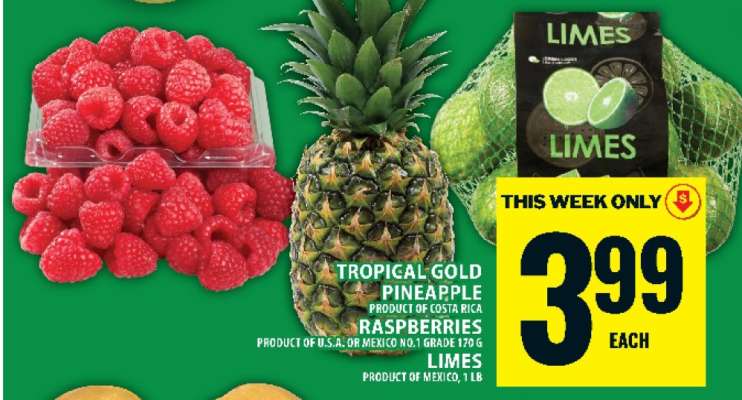 Tropical Gold Pineapple, Raspberries, Limes