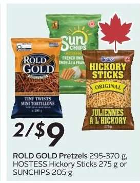 ROLD GOLD Pretzels, HOSTESS Hickory Sticks, SUNCHIPS