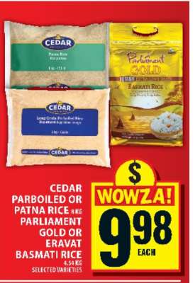 Cedar Parboiled or Patna Rice, Parliament Gold or Eravat Basmati Rice
