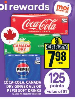 Coca-Cola, Canada Dry Ginger Ale or Pepsi Soft Drinks
