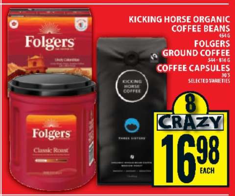 Kicking Horse Organic Coffee Beans, Folgers Ground Coffee, Coffee Capsules