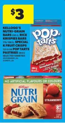 Kellogg's Nutri-Grain Bars, Rice Krispies Bars, Special K Fruit Crisps, Pop Tarts Pastries