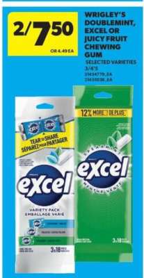 Wrigley's Doublemint, Excel or Juicy Fruit Chewing Gum
