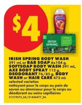 Irish Spring Body Wash, Softsoap Body Wash, Axe Body Spray, Deodorant, Body Wash or Hair Care