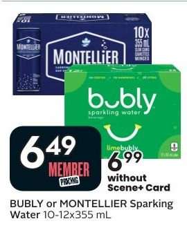 BUBLY or MONTELLIER SPARKLING WATER, 10/12x355 mL
