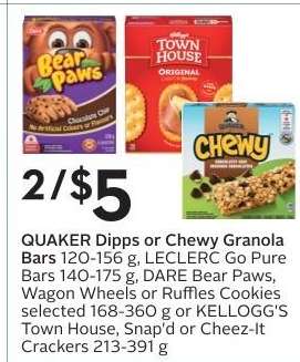 QUAKER Dipps or Chewy Granola Bars, LECLERC Go Pure Bars, DARE Bear Paws, Wagon Wheels or Ruffles Cookies, KELLOGG'S Town House, Snap'd or Cheez-It Crackers