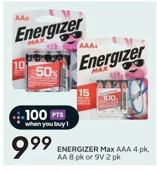 ENERGIZER Max AAA 4 pk, AA 8 pk or 9V 2 pk