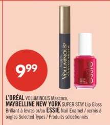 L'ORÉAL VOLUMINOUS Mascara, MAYBELLINE NEW YORK SUPER STAY Lip Gloss, ESSIE Nail Enamel