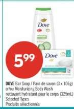 DOVE Bar Soap / Pain de savon (3 x 106g) or/ou Moisturizing Body Wash