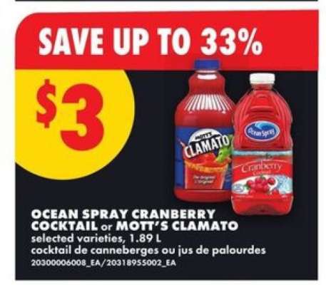 Ocean Spray Cranberry Cocktail or Mott's Clamato
