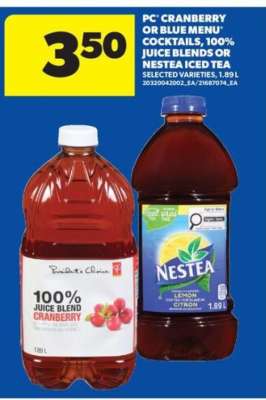 PC Cranberry or Blue Menu Cocktails, 100% Juice Blends or Nestea Iced Tea