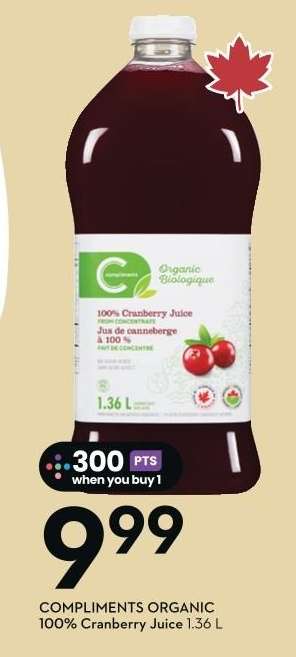 COMPLIMENTS ORGANIC 100% Cranberry Juice 1.36 L