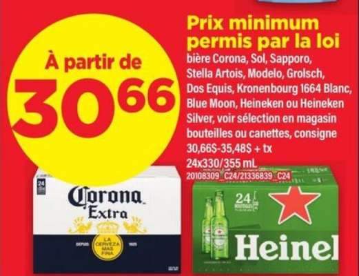 Bière Corona, Sol, Sapporo, Stella Artois, Modelo, Grolsch, Dos Equis, Kronenbourg 1664 Blanc, Blue Moon, Heineken ou Heineken Silver