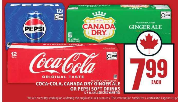 Coca-Cola, Canada Dry Ginger Ale or Pepsi Soft Drinks