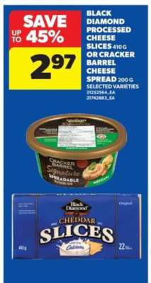 Black Diamond Processed Cheese Slices or Cracker Barrel Cheese Spread