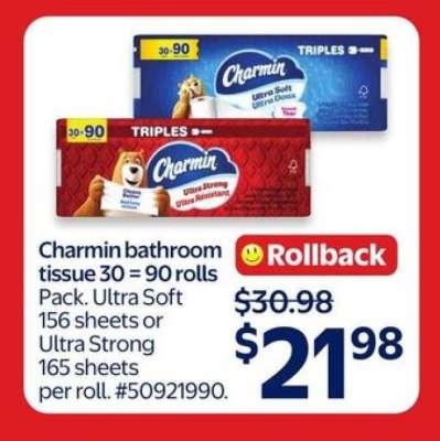 Charmin bathroom tissue 30 = 90 rolls