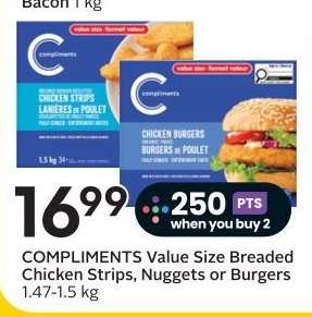 COMPLIMENTS Value Size Breaded Chicken Strips, Nuggets or Burgers