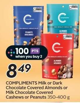 COMPLIMENTS Milk or Dark Chocolate Covered Almonds or Milk Chocolate Covered Cashews or Peanuts