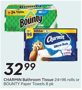 CHARMIN Bathroom Tissue 24=96 rolls or BOUNTY Paper Towels 8 pk