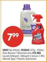 SHOUT Gel, RESOLVE Stain Remover or ECO MAX Laundry Detergent