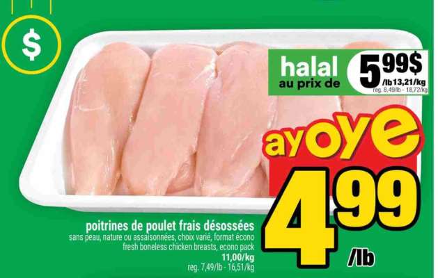 Poitrines de poulet frais désossées