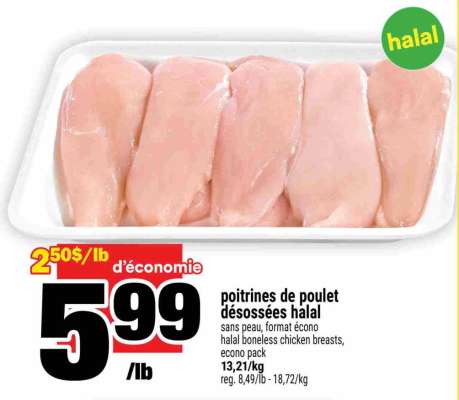 poitrines de poulet désossées halal