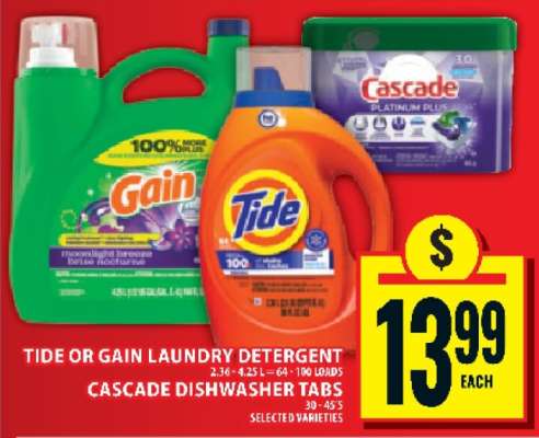 Tide or Gain Laundry Detergent, Cascade Dishwasher Tabs
