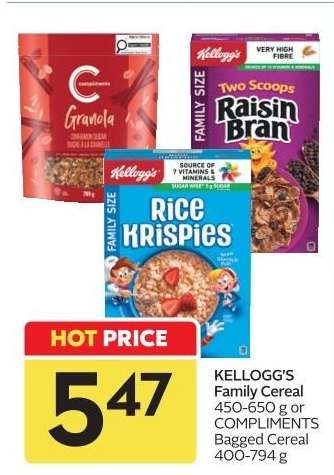 KELLOGG'S Family Cereal or COMPLIMENTS Bagged Cereal