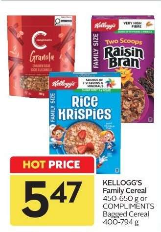 KELLOGG'S Family Cereal or COMPLIMENTS Bagged Cereal